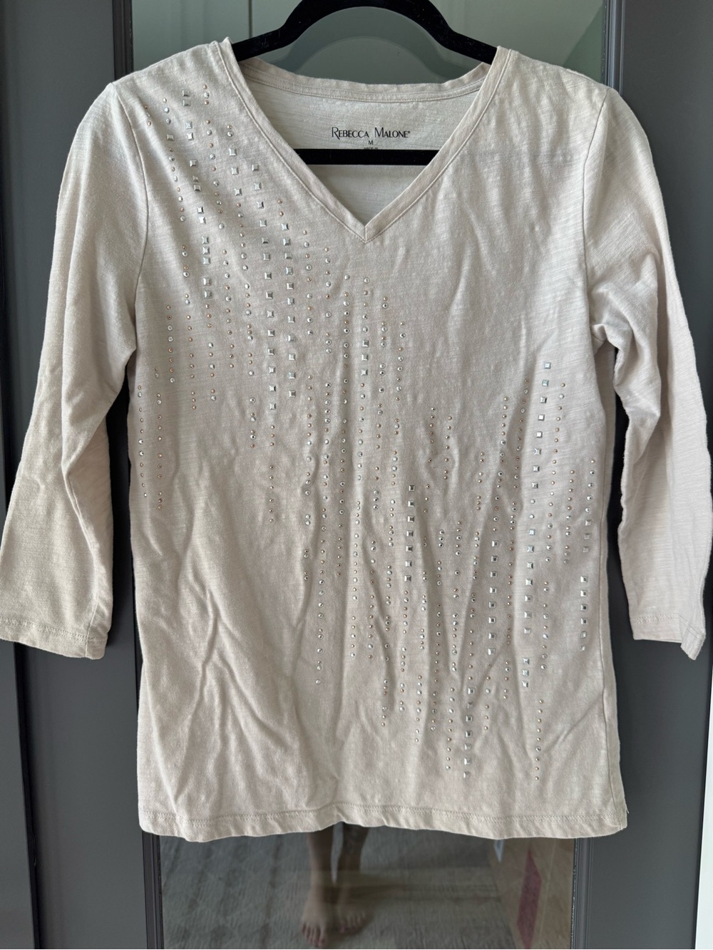 Rebecca Malone Cream V-Neck 3/4 Sleeve Top with Cascading Stud Embellishment